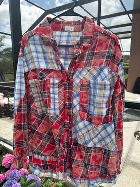 Pol Patchwork Red & Blue Plaid Button-Up Shirt